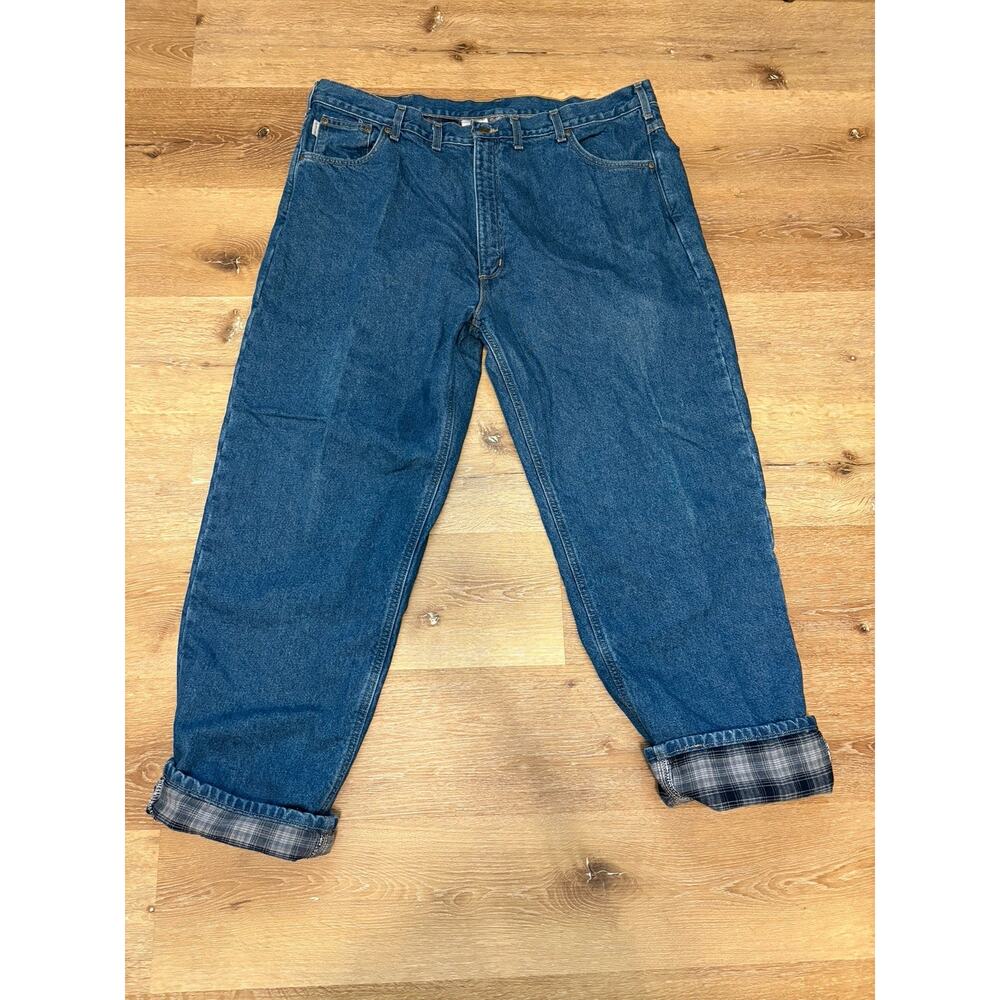Carhartt Flannel Lined Jeans Mens 44x32 Blue Plaid Relaxed Fit Workwear B172 DST